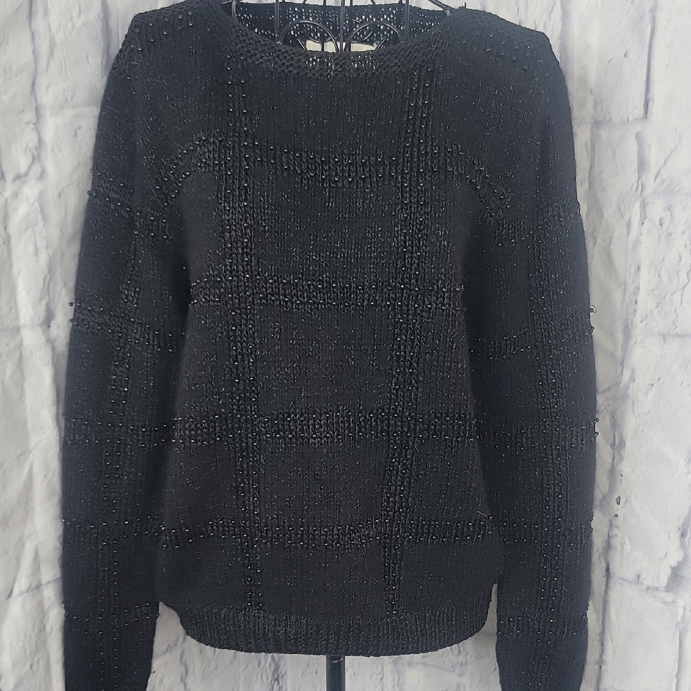 Ann‎ Katrine Vintage Part Wool Beaded Black Crew Neck Sweater